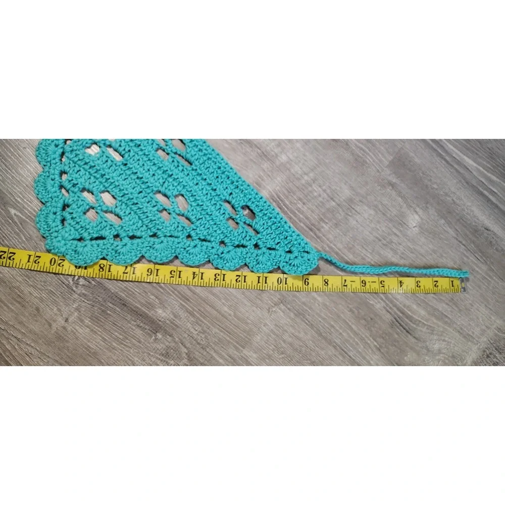 Handmade Crochet‎ Triangle Head Scarf Scalloped Hem Blue Cotton Cottage Boho